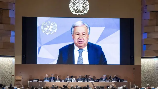 epa12119052 United Nations Secretary-General Antonio Guterres delivers a statement via a video call about the adoption of the WHO Pandemic Agreement, aimed at avoiding a repeat of the mistakes made during the COVID-19 crisis, during the 78th World Health Assembly (WHA78) at the European headquarters of the United Nations in Geneva, Switzerland, 20 May 2025. The Assembly is being held from 19 to 27 May, with this year's theme being 'One World for Health.' EPA/MAGALI GIRARDIN