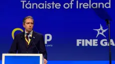 epa12064297 Tanaiste of Ireland Simon Harris delivers a speech during the annual Congress of the European People's Party (EPP) in Valencia, Spain, 30 April 2025. EPA/Kai Foersterling