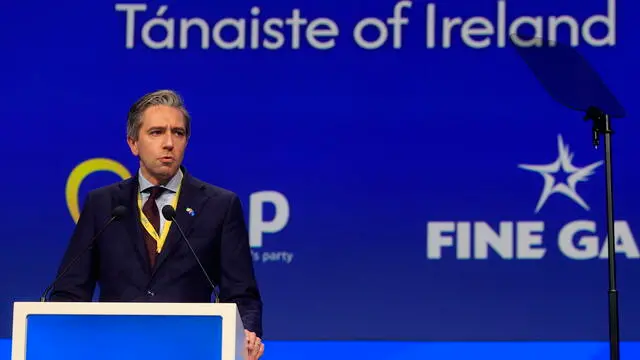 epa12064297 Tanaiste of Ireland Simon Harris delivers a speech during the annual Congress of the European People's Party (EPP) in Valencia, Spain, 30 April 2025. EPA/Kai Foersterling