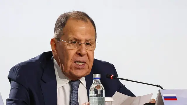 epa12140114 Russian Foreign Minister Sergey Lavrov speaks at the opening of the 13th International Meeting of High-Ranking Officials Responsible for Security Matters at the Russia National Centre in Moscow, Russia, 28 May 2025. More than 125 delegations from more than 100 countries are scheduled to attend the 13th International Meeting of High Representatives for Security Issues running from 27 to 29 May. EPA/MAXIM SHIPENKOV
