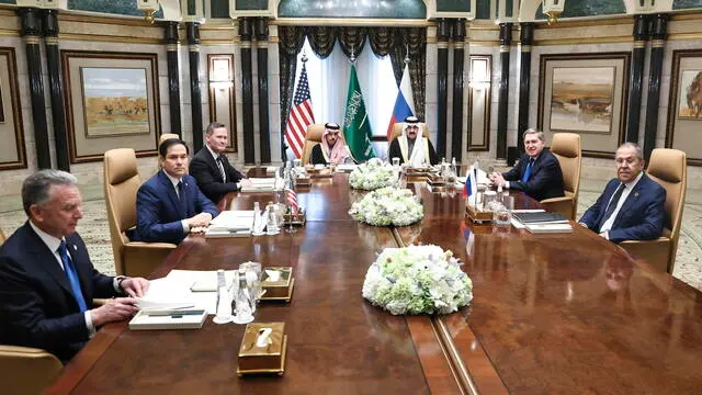 epa11905023 A handout photo made available by the Russian Foreign Ministry Press Service shows Russian Foreign Minister Sergey Lavrov (R) and Russian presidential aide Yury Ushakov (2-R) attending a meeting with US Secretary of State Marco Rubio (2-L), US National Security Advisor Mike Waltz (3-L) and US Middle East envoy Steve Witkoff (L), Saudi Foreign Minister Prince Faisal bin Farhan Al Saud and Saudi National Security Advisor Mosaad bin Mohammad Al-Aiban at Diriyah Palace in Riyadh, Saudi Arabia, 18 February 2025. The agenda of the meeting of the Russian presidential aide Yuri Ushakov, Russian Foreign Minister Sergey Lavrov with American officials in Riyadh on 18 February is devoted to the restoration of the entire range of bilateral relations, as well as the preparation of possible negotiations on the Ukrainian settlement, the Kremlin reported. EPA/RUSSIAN FOREIGN MINISTRY PRESS SERVICE HANDOUT HANDOUT EDITORIAL USE ONLY/NO SALESHANDOUT EDITORIAL USE ONLY/NO SALES