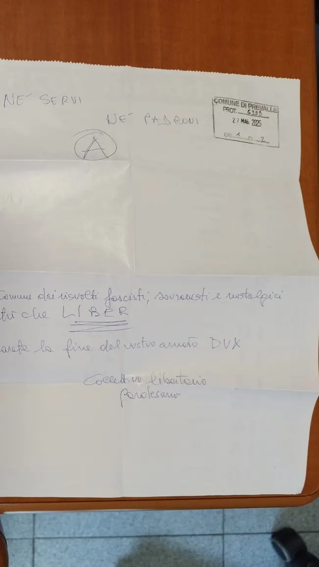 La lettera anonima arrivata al Comune di Prevalle