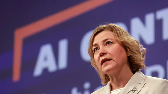 epa12019862 Executive Vice-president of the European Commission for Technological Sovereignty, Security and Democracy, Henna Virkkunen, speaks during a press conference on the 'AI Continent Action Plan' following the European Commission weekly college meeting in Brussels, Belgium, 09 April 2025. EPA/OLIVIER HOSLET
