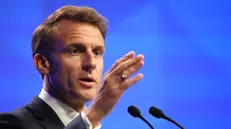epa12145051 French President Emmanuel Macron delivers his keynote address during the International Institute for Strategic Studies (IISS) Shangri-la Dialogue Defence Summit in Singapore, 30 May 2025. Defense ministers and officials from 47 countries are gathered in the city state for the IISS Shangri-la Dialogue, an annual high level defence summit in the Asia Pacific region. EPA/HOW HWEE YOUNG