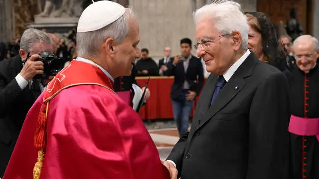 This photo taken and handout by The Vatican Media shows Pope Leo XIV greeting Italys' President Sergio Mattarella after a holy mass for the start of his pontificate at the Vatican City, 18 May 2025. ANSA/VATICAN MEDIA +++ ANSA PROVIDES ACCESS TO THIS HANDOUT PHOTO TO BE USED SOLELY TO ILLUSTRATE NEWS REPORTING OR COMMENTARY ON THE FACTS OR EVENTS DEPICTED IN THIS IMAGE; NO ARCHIVING; NO LICENSING +++ NPK +++
