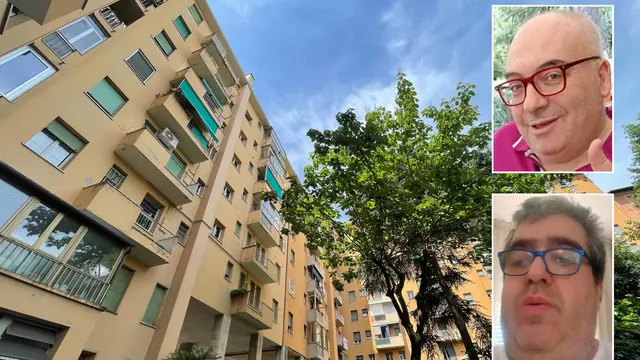 COMBO Duplice omicidio di Bologna. Nella foto l'appartamento dove è avvenuto l'omicidio e le due vittime (Luca Monaldi in alto e Luca Gombi in basso)