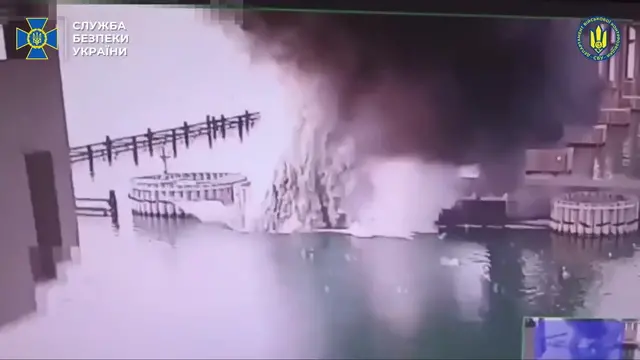 epa12152876 A still image grabbed from a handout video made available by the Ukrainian Security Service (SBU) on 03 June 2025 shows an explosion at the Crimea bridge. The SBU on 03 June 2025 said it had conducted a special operation and struck the Crimean Bridge underwater. SBU agents mined the supports of the bridge and activated the first explosive device early 03 June. Traffic on Crimea bridge was temporarily suspended, Russian authorities said. EPA/UKRAINIAN SECURITY SERVICE / HANDOUT HANDOUT EDITORIAL USE ONLY/NO SALES