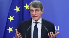 epa08813446 European Parliament President David Sassoli holds a news conference at the European Parliament headquarters in Brussels, Belgium, 11 November 2020. EPA/YVES HERMAN / POOL