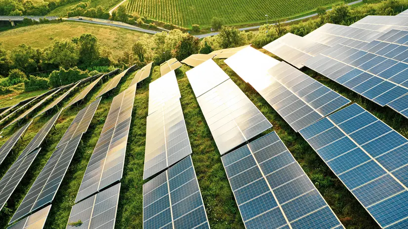 Solar panels fields on the green hills