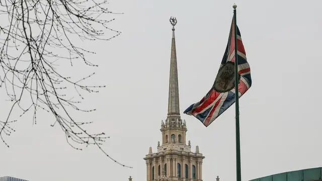 epa11953420 Britain's national flag flies at the British Embassy building in Moscow, Russia, 10 March 2025. The Second Secretary of the British Embassy Alkesh Odedra and the husband of the First Secretary of the Political Department of the Embassy Michael Skinner have been stripped of their accreditation and must leave Russia within two weeks, due to suspision of espionage, the Russian FSB reported. EPA/MAXIM SHIPENKOV