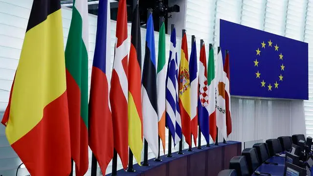 epa12077270 Flags at the European Parliament in Strasbourg, France, 06 May 2025. The EU Parliament's session runs from 5 till 8 May 2025. EPA/RONALD WITTEK