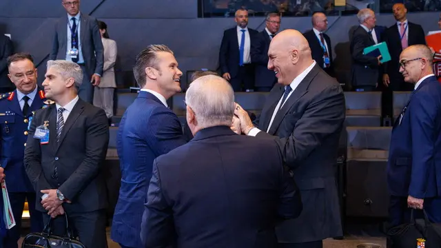 epa12156691 US Secretary of Defense Pete Hegseth (L) talks with Italian Defense Minister Guido Crosetto (R) during a North Atlantic Treaty Organisation (NATO) defense ministers meeting at the NATO headquarters in Brussels, Belgium, 05 June 2025. EPA/OLIVIER MATTHYS