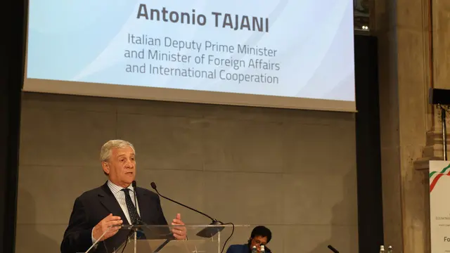 forum Italia India con il ministro Antonio Tajani e Piyush Vedprakash Goyal ministro del Commercio e dell’Industria dell’India , Brescia 5 giugno 2025. Ansa Filippo Venezia