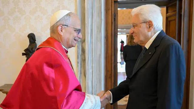 An handout image provided by Vatican Media shows Pope Leo XIV and the president of Italian Republic Sergio Mattarella during a meeting in Vatican City, 6 June 2025. ANSA/VATICAN MEDIA ++HO - NO SALES EDITORIAL USE ONLY++