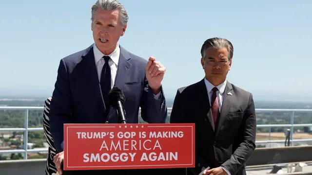 epa12126878 California Governor Gavin Newsom (L) and Attorney General Rob Bonta (R) responds to the US Senate's votes to kill California's electric car mandate during a press conference in Sacramento, California, USA, 22 May 2025. Attorney General Rob Bonta announced that California will bring a lawsuit against the Trump Administration. EPA/JOHN G. MABANGLO