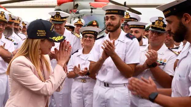 A handout picture provided by the Chigi Palace Press Office shows Italian Prime Minister Giorgia Meloni visiting, during her visit to Mozambique, the destroyer Durand de la Penne of the Italian Navy, at the port of Maputo, engaged in the EU operation Atalanta, in Maputo, Mozambique, 13 October 2023. ANSA/ CHIGI PALACE PRESS OFFICE/ FILIPPO ATTILI +++ ANSA PROVIDES ACCESS TO THIS HANDOUT PHOTO TO BE USED SOLELY TO ILLUSTRATE NEWS REPORTING OR COMMENTARY ON THE FACTS OR EVENTS DEPICTED IN THIS IMAGE; NO ARCHIVING; NO LICENSING +++ NPK +++