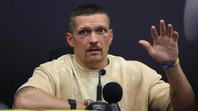 epa11352254 Oleksandr Usyk of Ukraine reacts during a press conference after winning against Tyson Fury of Britain the Undisputed Heavyweight Champion title bout in Riyadh, Saudi Arabia, 19 May 2024. EPA/ALI HAIDER