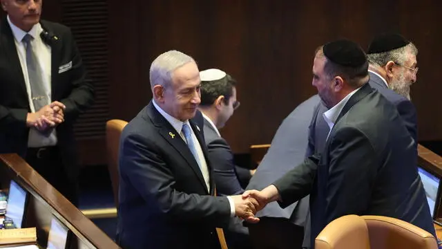 epa12170338 Israeli Prime Minister Benjamin Netanyahu during a special plenary session in honor of the visit of Argentina's President Javier Milei at the Knesset, the Israeli Parliament, in Jerusalem, 11 June 2025. Argentina's President Javier Milei is on three-day visit to Israel. EPA/ABIR SULTAN
