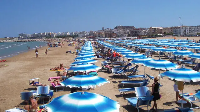 Una veduta della spiaggia di Vieste, in una immagine di archivio. Sono 226 le località italiane marine e lacustri che hanno ottenuto il riconoscimento di Bandiera Blu nel 2023 per la qualità del loro ambiente, 16 in più rispetto alle 210 dello scorso anno: sono 17 i nuovi ingressi, 1 il Comune non confermato. Le 226 località italiane comprendono 458 spiagge, l'11% delle spiagge premiate a livello mondiale. Le Bandiere Blu sono assegnate dalla ong internazionale per l'educazione alla sostenibilità Fee (Foundation for Environmental Education). Il riconoscimento è assegnato a località marine e lacustri sulla base della pulizia delle acque, la gestione dei rifiuti, le aree verdi e le piste ciclabili, i servizi sulle spiagge e nel comune, le strutture alberghiere e altro. ANSA/GABRIELE DE RENZIS