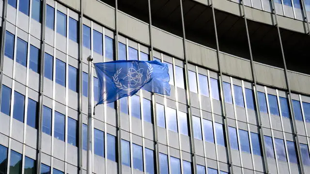 epa12165958 The IAEA flag flies in front of the IAEA Board of Governors meeting at the IAEA headquarters, United Nations seat, Vienna, Austria, 09 June 2025. EPA/MAX SLOVENCIK