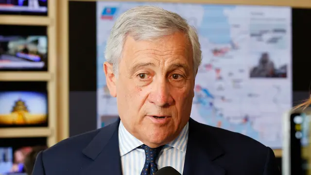 Italian Foreign Minister and Deputy Prime Minister Antonio Tajani speaks with journalists on the Israeli attack on Iran, Farnesina palace, Rome, Italy 13 June 2025. ANSA/FABIO FRUSTACI