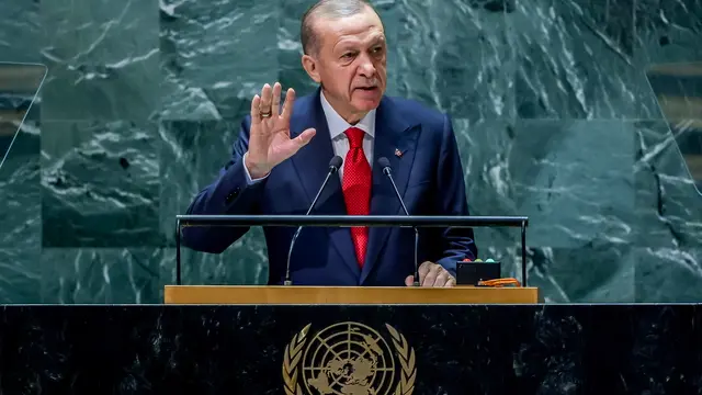 epa10869833 President of Turkey Recep Tayyip Erdogan addresses the delegates during the 78th session of the United Nations General Assembly at the United Nations Headquarters in New York, New York, USA, 19 September 2023. EPA/JUSTIN LANE