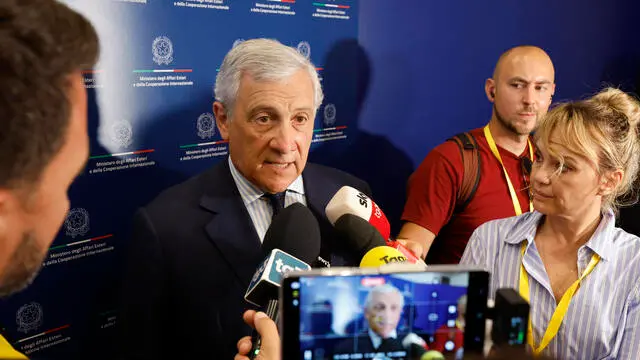 Italian Foreign Minister and Deputy Prime Minister Antonio Tajani speaks with journalists on the Israeli attack on Iran, Farnesina palace, Rome, Italy 13 June 2025. ANSA/FABIO FRUSTACI