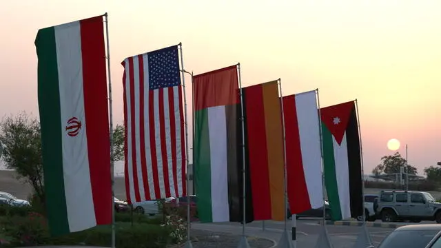epa12054607 The flags of USA and Iran are displayed in Muscat, Oman, 25 April 2025. Iran and US will hold third round of nuclear talks on 26 April 2025, in Muscat. EPA/ALI HAIDER