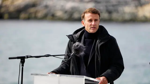 epa12177831 French President Emmanuel Macron addresses a press conference with Danish Prime Minister Mette Frederiksen and Greenlandic leader Jens-Frederik Nielsen (both not pictured) in Nuuk, Greenland, 15 June 2025, during his visit to the country. EPA/MADS CLAUS RASMUSSEN DENMARK OUT