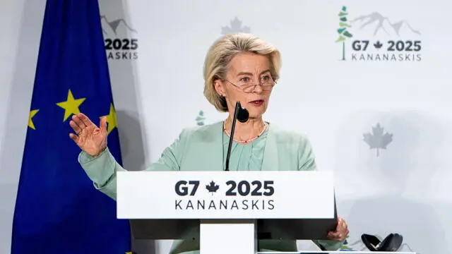 epa12178160 President of the European Commission Ursula von der Leyen speaks during a press conference during the G7 Leaders' Summit in Kananaskis, Alberta, Canada, 15 June 2025. World leaders are expected to gather in Kananaskis, Alberta from June 15 to 17 for the G7 Summit. EPA/SPENCER COLBY