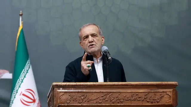 epa12153745 A handout photo made available by the Iranian presidential office shows Iranian President Masoud Pezeshkian speaking during a ceremony on the occasion of the 36th death anniversary of Ayatollah Ruhollah Khomeini at the Khomeini shrine in Tehran, Iran, 03 June 2025. On 02 June 2025, Trump stated he ruled out allowing Iran to enrich uranium under a potential new nuclear deal between Iran and the US. According to the IRNA news agency, Pezeshkian said on 03 June 2025, that Iran would not accept this condition and would not relinquish its peaceful right to enrich uranium. EPA/IRANIAN PRESIDENTIAL OFFICE / HANDOUT HANDOUT EDITORIAL USE ONLY/NO SALES