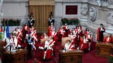 La Prima Presidente della Corte Suprema di Cassazione Margherita Cassano (C) e il Procuratore Generale di Cassazione, Luigi Salvato (S), durante la cerimonia d'inaugurazione dell'anno giudiziario della Cassazione, Roma, 24 gennaio 2025. ANSA/ETTORE FERRARI