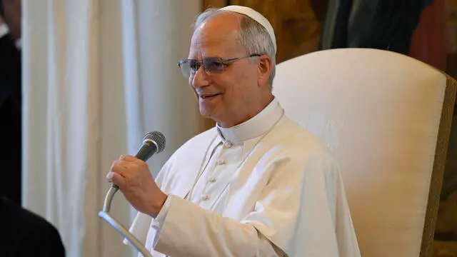 epa12178906 A handout picture provided by the Vatican Media shows Pope Leo XIV attending an audience with participants in the Summer School of Astrophysics promoted by the Specola Vaticana, Vatican City, 16 June 2025. EPA/VATICAN MEDIA HANDOUT HANDOUT EDITORIAL USE ONLY/NO SALES