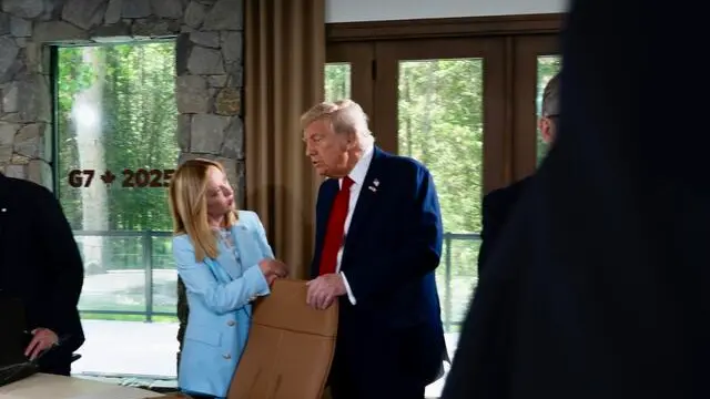 Italy's Prime Minister Giorgia Meloni and US President Donald Trump attend a working session at the Group of Seven (G7) Summit at the Pomeroy Kananaskis Mountain Lodge, in Kananaskis, Alberta, Canada, 16 June 2025. ANSA/CHIGI PALACE PRESS OFFICE/FILIPPO ATTILI +++ ANSA PROVIDES ACCESS TO THIS HANDOUT PHOTO TO BE USED SOLELY TO ILLUSTRATE NEWS REPORTING OR COMMENTARY ON THE FACTS OR EVENTS DEPICTED IN THIS IMAGE; NO ARCHIVING; NO LICENSING +++ NPK +++