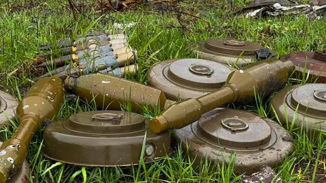 epa12016262 A handout photo made available by the acting Governor of the Kursk region Alexander Khinshtein shows mines and munitions left behind by Ukrainian troops, during the governor's visit to Pogrebki, Kursk region, Russia, 07 April 2025. According to the governor, Ukrainian troops mined houses, cars and cemeteries before retreating. According to the Russian Ministry of Defense, several kilometers in the south of the region remain under the control of the Ukrainian Armed Forces. EPA/Alexander Khinshtein HANDOUT HANDOUT EDITORIAL USE ONLY/NO SALESHANDOUT EDITORIAL USE ONLY/NO SALES