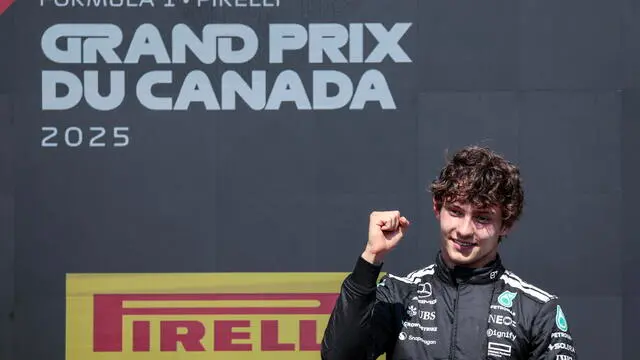 epa12177972 Mercedes driver Andrea Kimi Antonelli of Italy, third place, celebrates in the podium after the Formula 1 Grand Prix of Canada at the Circuit Gilles-Villeneuve in Montreal, Canada, 15 June 2025. EPA/SHAWN THEW
