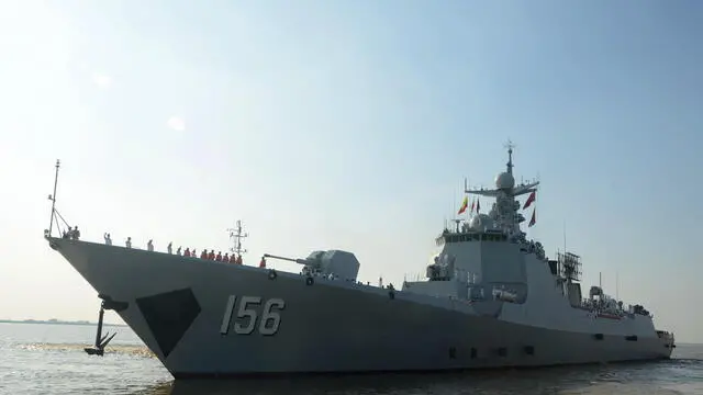 epa10998463 A handout photo made available by the Myanmar Military Information Team shows the People's Liberation Navy Type 052C Destroyer Zibo (156) arriving in Yangon, Myanmar, 27 November 2023 (issued 28 November 2023). Chinese Navy ships arrived Myanmar to conduct maritime safety training during a friendship trip. EPA/Myanmar Military Information Team / HANDOUT HANDOUT EDITORIAL USE ONLY/NO SALES HANDOUT EDITORIAL USE ONLY/NO SALES