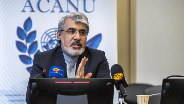 epa12182698 Ambassador and Permanent Representative of Iran to the United Nations (UN) in Geneva, Ali Bahreini, speaks to journalists from ACANU (Association of the Accredited Correspondents to the United Nations) during a press conference at the European headquarters of the UN in Geneva, Switzerland, 18 June 2025. EPA/MARTIAL TREZZINI
