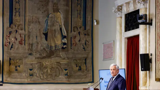 Antonio Tajani, Vicepresidente del Consiglio dei Ministri e Ministro degli Affari Esteri e della Cooperazione Internazionale durante la relazione Annuale Consap 2025 (Concessionaria Servizi Assicurativi Pubblici) , Camera dei Deputati, Roma 18 giugno 2025. ANSA/FABIO FRUSTACI