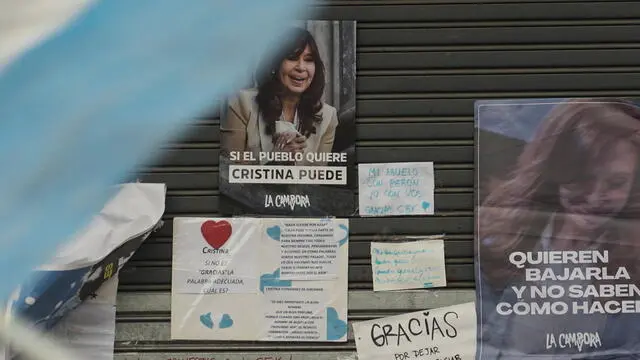epa12179813 Photograph of posters in front of the house of former Argentinean President Cristina Fernandez de Kirchner, in Buenos Aires, Argentina, 16 June 2025. Fernandez's home is surrounded by dozens of supporters, as she is set to hand herself over to the courts on 18 June to begin serving a six-year prison sentence for irregularities in the concession of road works. EPA/PABLO BARRERA