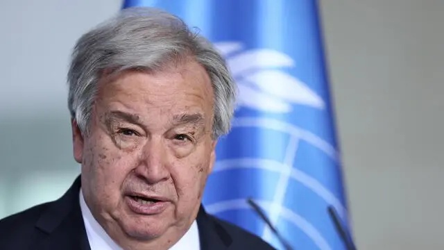 epa12099856 Nations Secretary-General Antonio Guterres attends a news conference after their meeting at the Chancellery in Berlin, Germany, 14 May 2025. The Secretary-General is coming to Berlin for the United Nations Peacekeeping Ministerial, which is being organised by Germany for the first time this year. EPA/HANNIBAL HANSCHKE