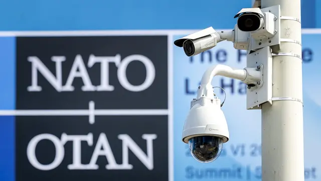 epa12185111 Security cameras at the World Forum ahead of the upcoming NATO summit in The Hague, the Netherlands, 19 June 2025. The 2025 NATO summit will take place in The Hague from 24 to 25 June. EPA/REMKO DE WAAL