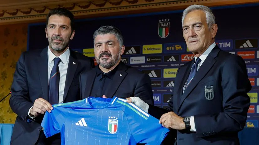 Da sinistra Gianluigi Buffon, Rino Gattuso e Gabriele Gravina - Foto Ansa © www.giornaledibrescia.it