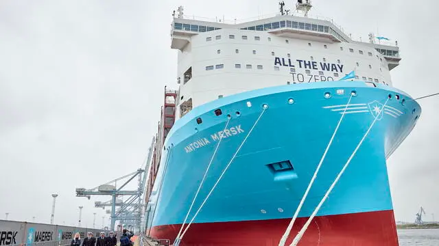 epa11539683 The low-emission ship Antonia Maersk is docked at Aarhus Harbor, in Aarhus, Denmark, 09 August 2024. The ship of the Danish shipping company A.P. Moller - Maersk sails on green methanol. EPA/MIKKEL BERG PEDERSEN DENMARK OUT