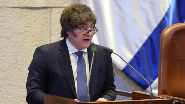 epa12170387 Argentina's President Javier Milei during a special plenary session in honor of the visit of Milei at the Knesset, the Israeli Parliament, in Jerusalem, 11 June 2025. Argentina's President Javier Milei is on three-day visit to Israel. EPA/ABIR SULTAN