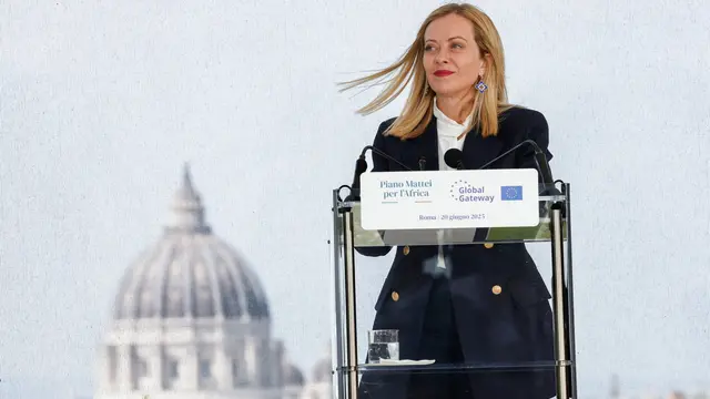 Italian Prime Minister Giorgia Meloni at Villa Doria Pamphilj attends a press conference during the summit ‘’The Mattei Plan for Africa and the Global Gateway: A common effort with the African Continent’’, in Rome, Italy, 20 June 2025. ANSA/GIUSEPPE LAMI