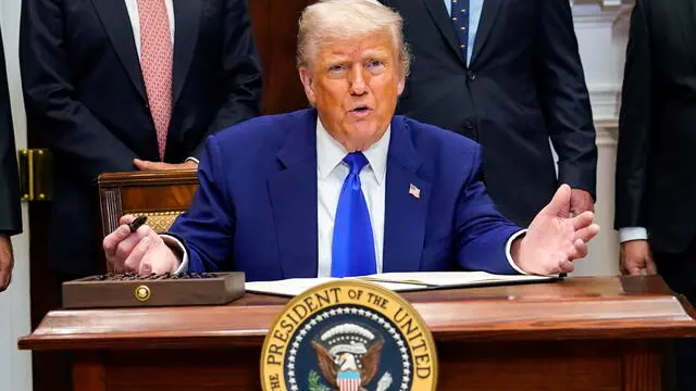 epa12094402 United States President Donald J. Trump (C) takes questions during a press conference in the Roosevelt Room of the White House in Washington, DC, USA, 12 May 2025. Trump addresses the high cost of prescription drugs before signing an executive order he claims will lower those costs almost immediately, and also makes remarks on the India-Pakistan cease-fire, the new US-China trade deal, and the return of Eden Alexander from Hamas captivity. EPA/CHRIS KLEPONIS / POOL