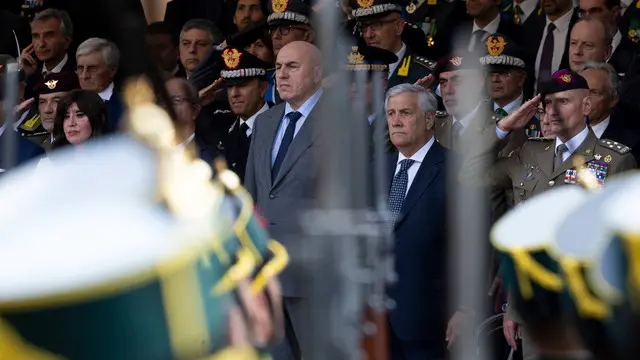 Il ministro della difesa Guido Crosetto, il ministro degli esteri Antonio Tajani, durante la celebrazione del 251°anniversario della Guardia di Finanza. Roma, 20 giugno 2025 ANSA/MASSIMO PERCOSSI