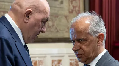 Il ministro della difesa Guido Crosetto, il ministro dell’interno Matteo Piantedosi, durante la presentazione del rapporto sulla sicurezza della fondazione Futuri Probabili. Roma, 16 giugno 2025 ANSA/MASSIMO PERCOSSI