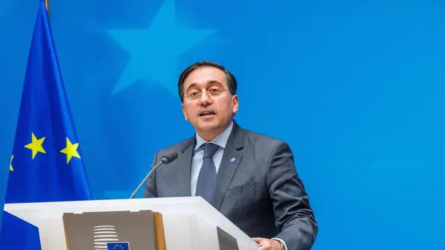 epa10726188 Spanish Foreign Affairs Minister Jose Manuel Albares speaks during an inauguration ceremony of the Spanish Presidency of the EU Council in Brussels, Belgium, 04 July 2023. Spain assumed on 01 July the rotating presidency of the Council of the EU for the fifth time. EPA/OLIVIER MATTHYS